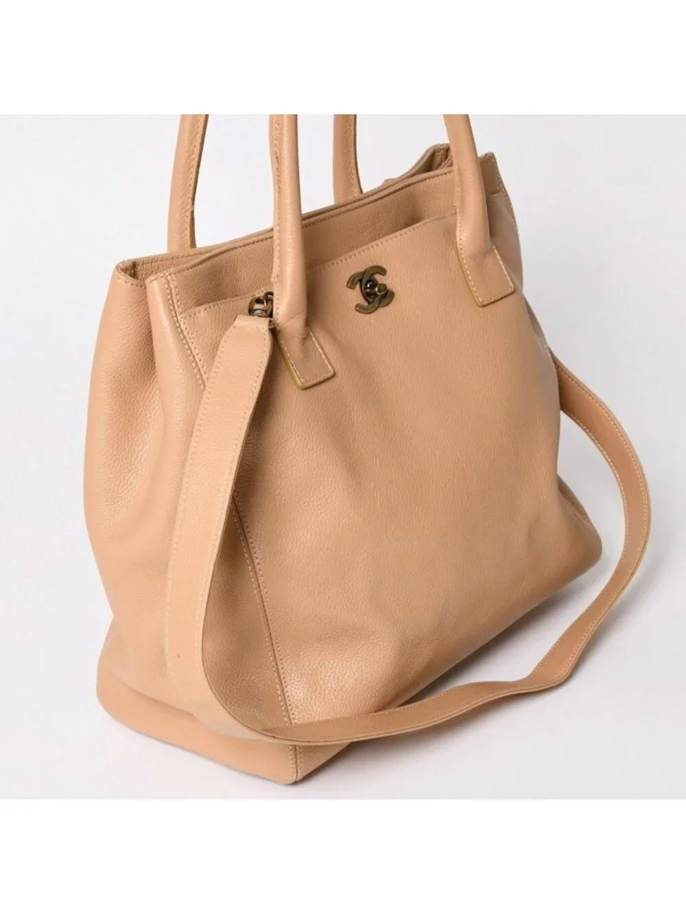 Chanel Executive Tote Bag CC Logo Turnlock Calfskin Beige
